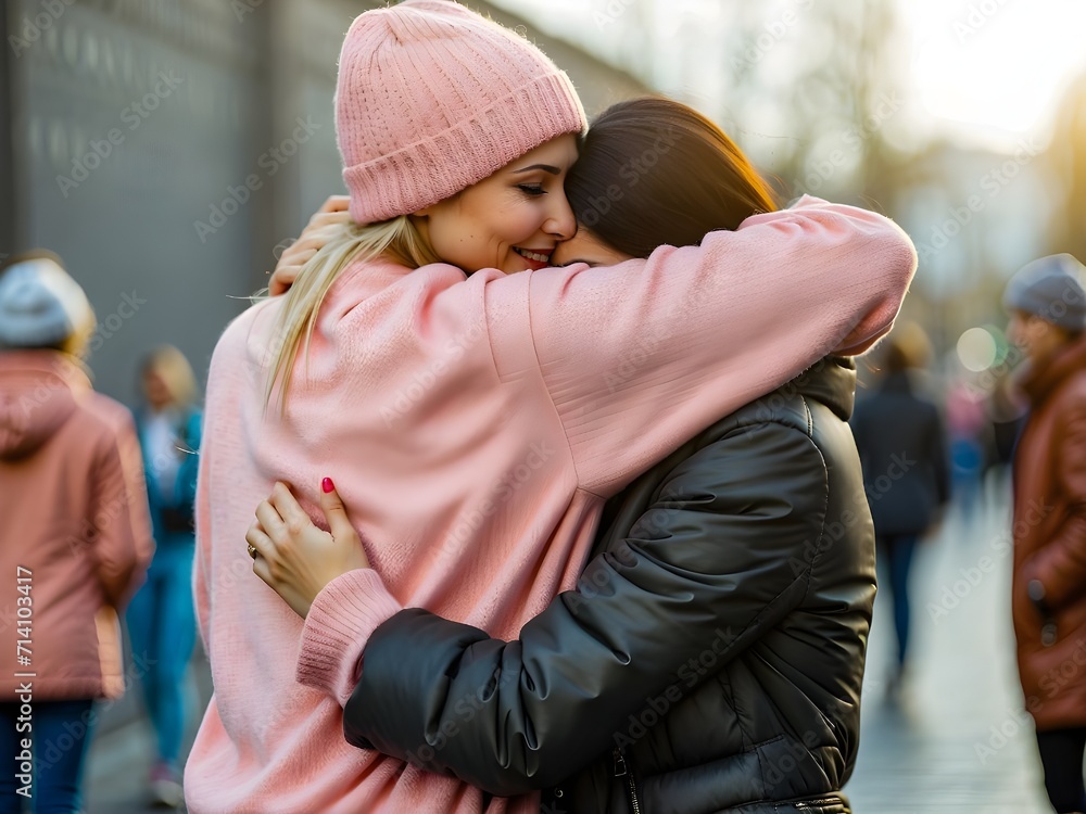 Fototapeta premium Two women hugging outside on a sunny day