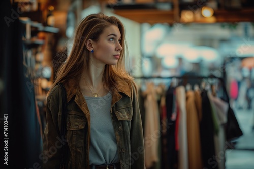A thoughtful young woman carefully selecting from an assortment of second-hand clothing in a well-lit thrift store environment..