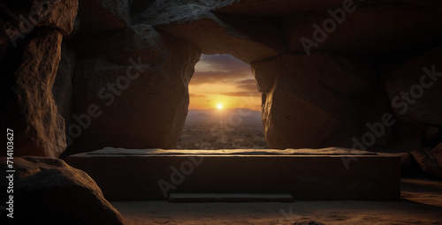 Empty tomb of Jesus with sunset in the background. Easter and Resurrection concept.