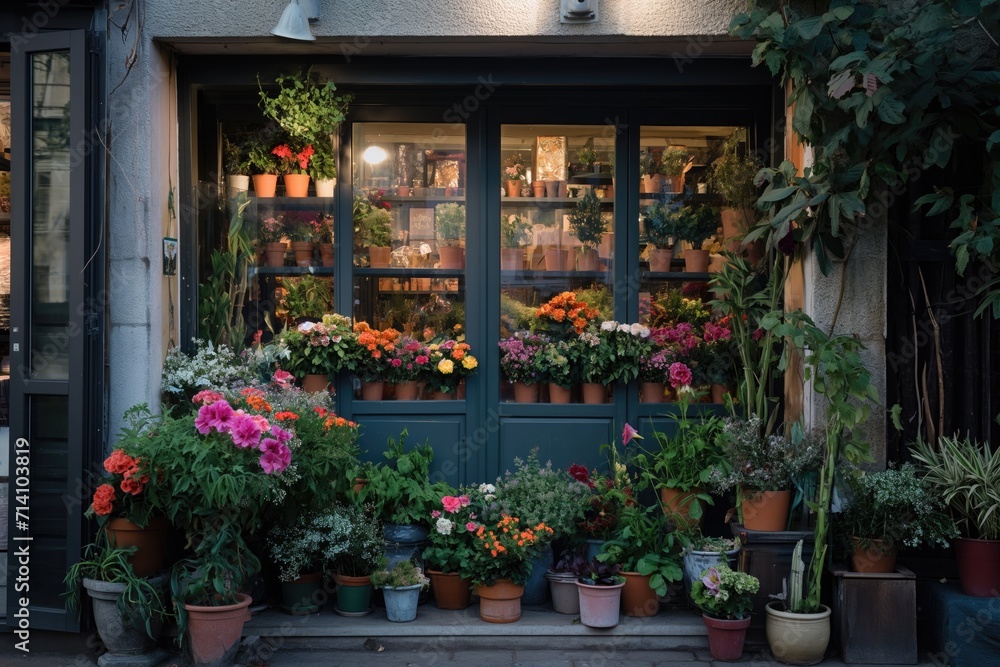 A quaint flower shop adorned with an abundance of colorful flowers on display, inviting passersby into the cozy botanical haven..