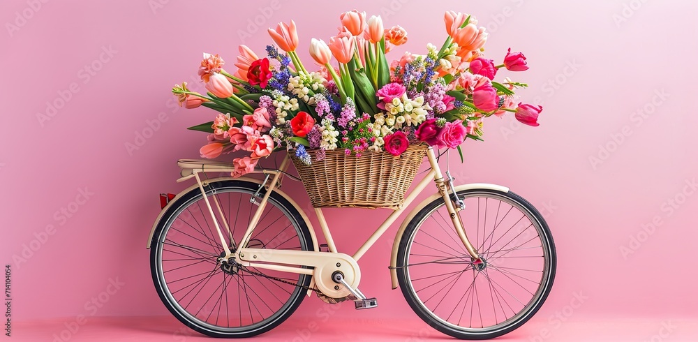 Bicycle with a basket full of flowers. Concept of spring mood and floral delivery.