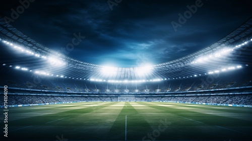 Nighttime illumination and football arena with vivid lighting sports backdrop. © ckybe