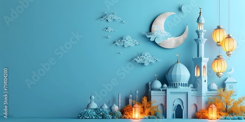 ramadan kareem paper cut illustration background. islamic lantern for eid mubarak greeting banner cover card. 3d art of a mosque with a moon and stars photo