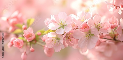 Branches with pink flowers on a light background. Concept of spring blooming.
