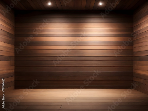 Empty dark brown plank wall room interior decorated with hidden warm lighting