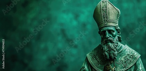 Statue of a saint in episcopal vestments on a dark green background. Concept of spirituality and religion. photo