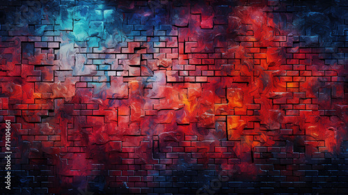 Brick wall background, flaming colorful grunge texture or pattern for design. Generative ai