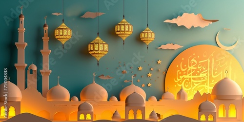 ramadan kareem paper cut illustration background. islamic lantern for eid mubarak greeting banner cover card. 3d art of a mosque with a moon and stars