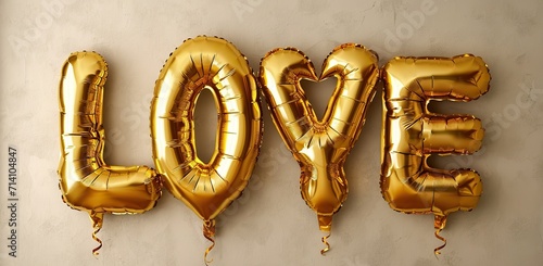 Gold letters "LOVE" on a beige wall. Concept of Valentine's Day and romance.