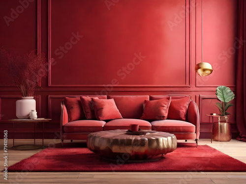 luxury living lounge. Painted mockup wall for art - crimson red burgundy colour. Blank modern room design interior home. Accent carmine red photo