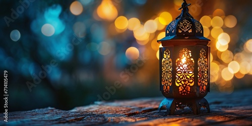 Decorative Islamic lamp with lit candle shining in the evening. Celebration card for Muslim sacred period Ramadan Kareem.