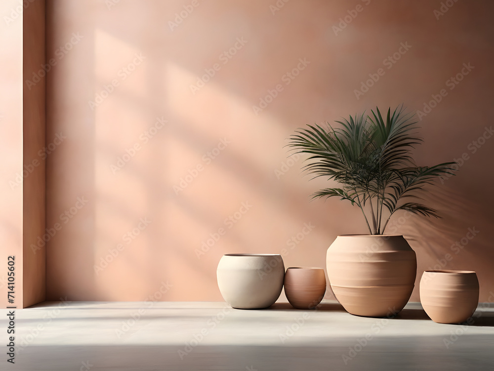 Architecture background with clay pots on concrete wall interior. Summer tropical natural aesthetic design. Cement pastel facade with shadow light. Rustic building space scene. Minimal mockup backdrop