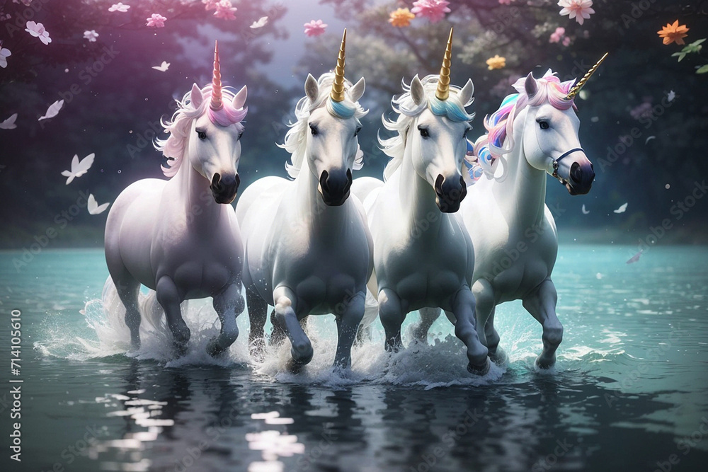A photo of a beautiful group of Unicorn in water Generative AI