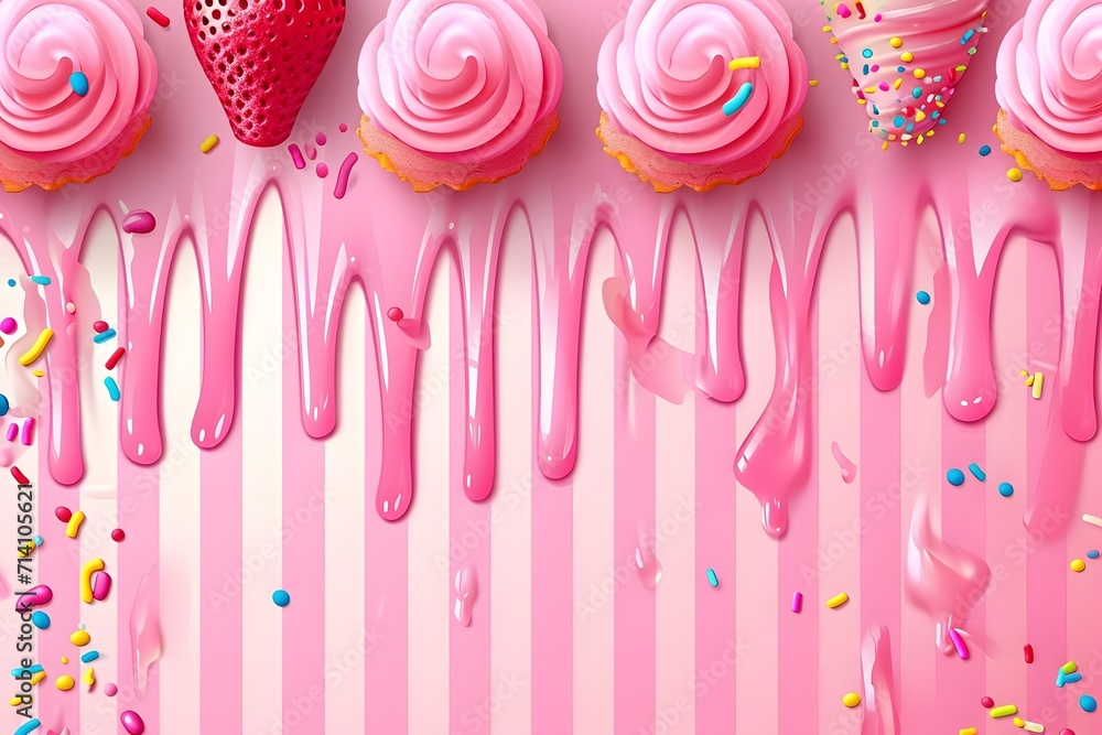 Pink dripping liquid and strawberry on background.
