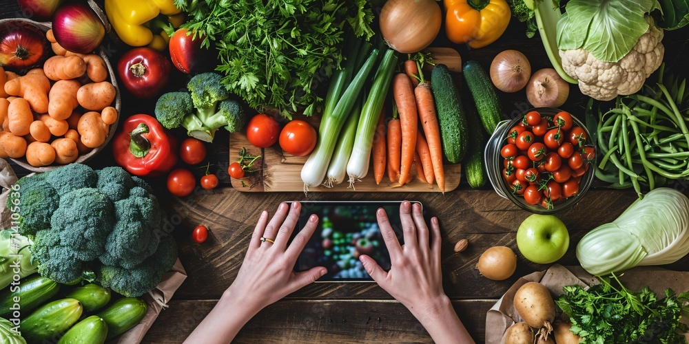 A scenic view of a skilled nutritionist promoting a diverse selection of ripe produce while using a digital device, representing the importance of proper nourishment and well-being. - obrazy, fototapety, plakaty 