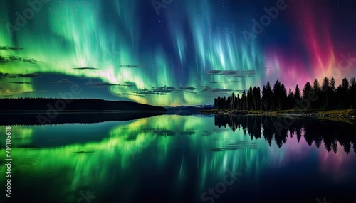View of night sky with multicolored aurora borealis and snowy mountains peak background. Night glows in vibrant aurora reflection on the lake with forest. 