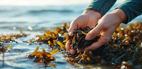Fototapeta Naklejka Na Ścianę i Meble -  Human hands harvesting seaweed in the sea.