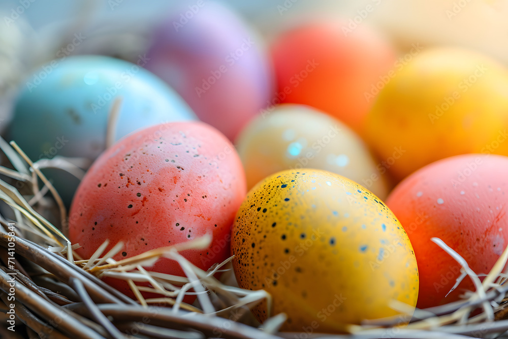 Colorful Easter eggs in basket.