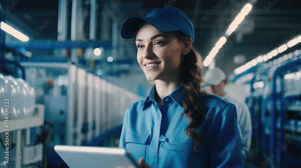 Engineer working on tablet, checking quality of bottled water production line and plant Engineer working on tablet, checking quality of bottled water production line and plant