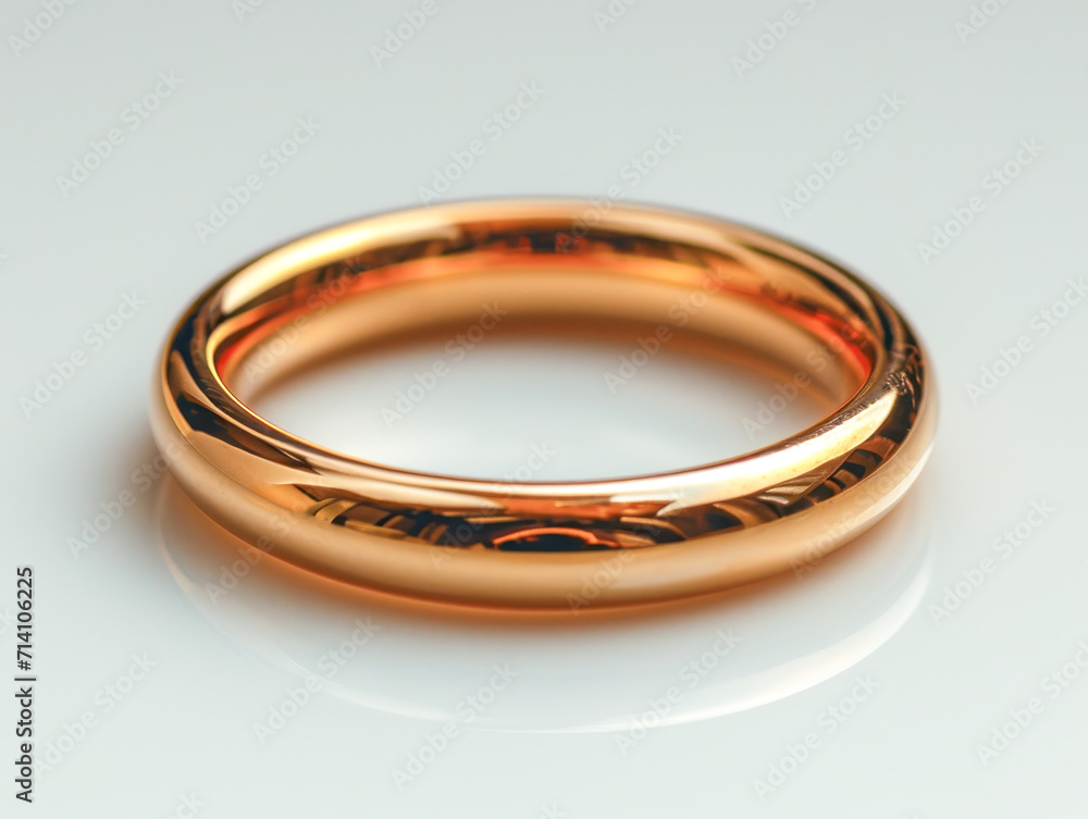 An elegant rose gold wedding ring showcased on a reflective white surface, exuding modern sophistication and warmth.
