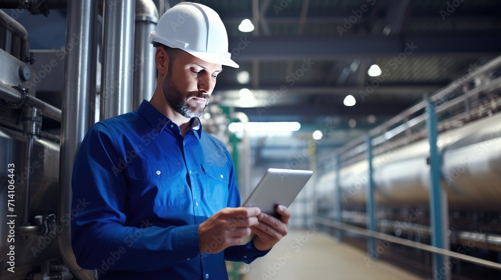 Engineer working on tablet, checking quality of bottled water production line and plant Engineer working on tablet, checking quality of bottled water production line and plant