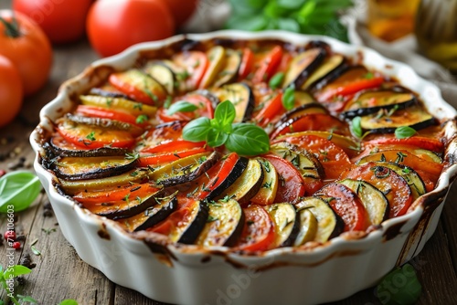 A vegan-friendly, French-inspired vegetable casserole on a wooden table for menu or banner.