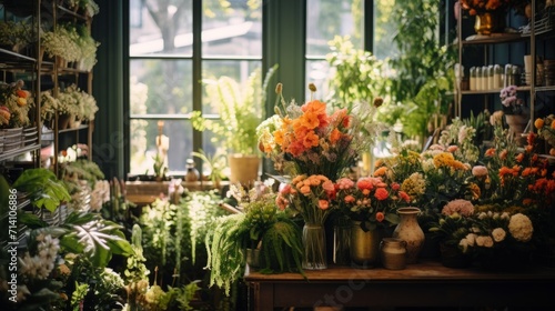 A high angle shot of a display of various flowers and plants inside the Parisian florist © Zephyr-Imagix 