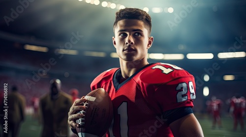 Confident American football player in full gear holds the ball, preparing for a competitive match under stadium lights. Generative ai 