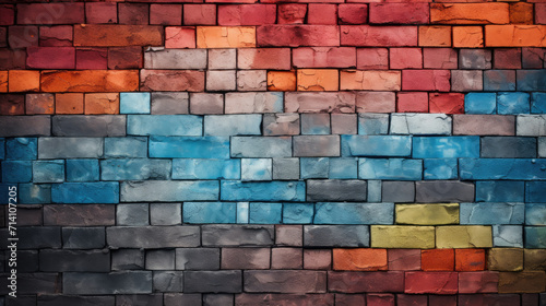 Brick wall background, technicolor colorful grunge texture or pattern for design. Generative ai