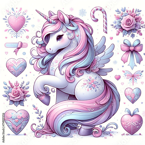 Cute cartoon unicorn with flowers and hearts. Vector illustration for your design
