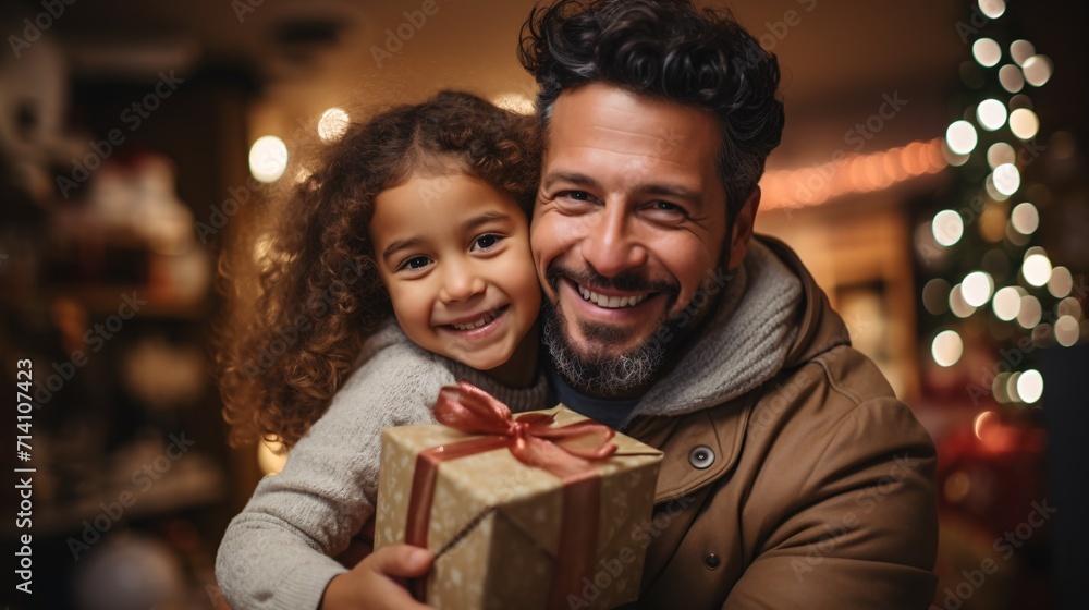 A biracial man and his daughter sit on the ground in their living room, beaming and exchanging gifts during the holiday season.