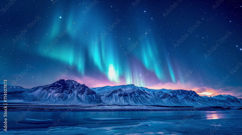 Landscape of mountains and northern lights