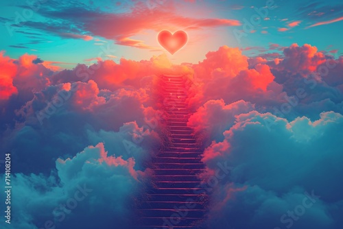 Fotótapéta Heavenly staircase in the sky, featuring a sunlit sky and clouds, with a religious theme and a romantic heart-shaped sunset