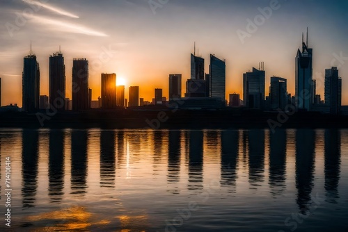 Beautiful view of the sunset at the sea with buildings of the city. © sarmad