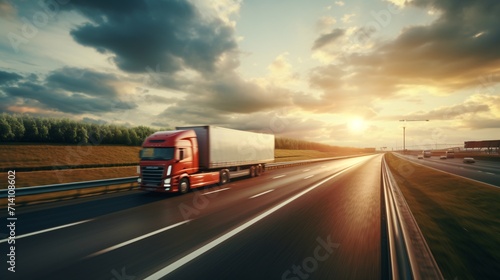 Fast-moving freight trucks racing on a rural highway with blurred motion on the freeway.