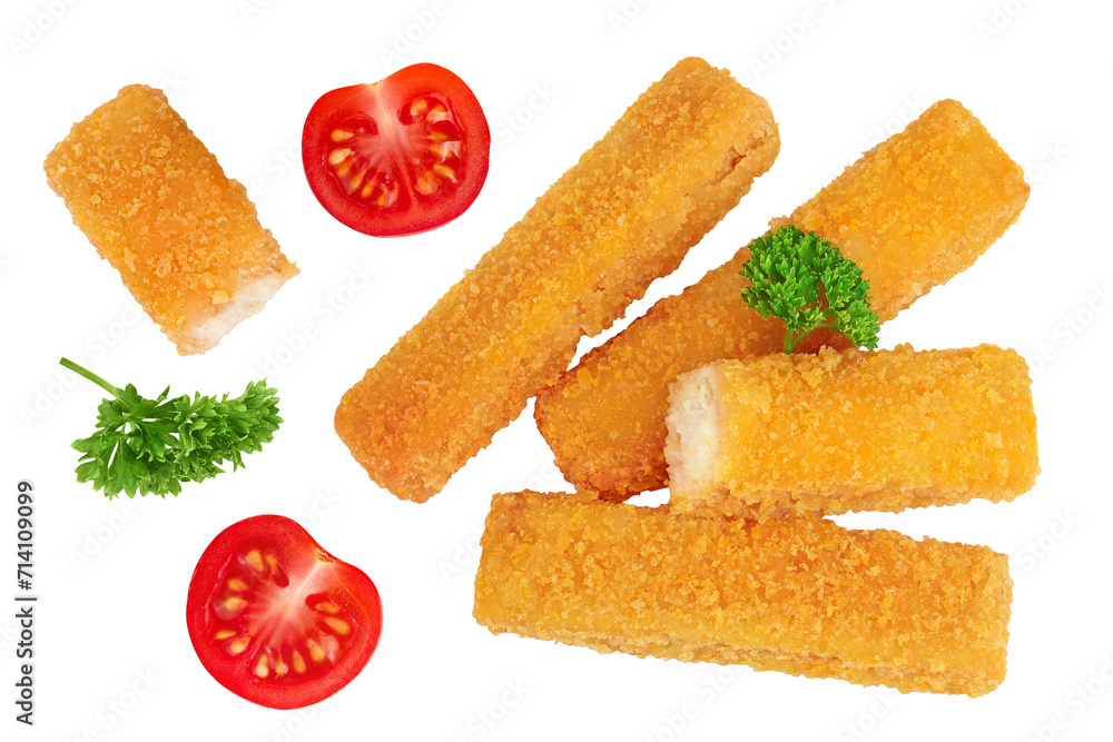 Fish finger or stick with parsley isolated on white background. Top view. Flat lay. Fish finger or stick with parsley isolated on white background. Top view. Flat lay.