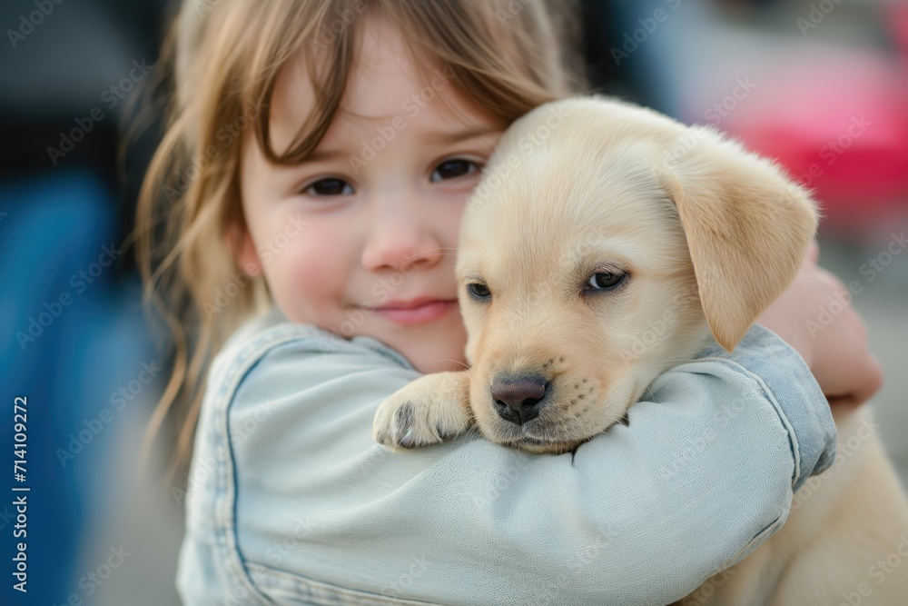 A close-up image capturing a tender moment as a young girl with sparkling eyes hugs a small brown puppy with care and affection. A close-up image capturing a tender moment as a young girl with sparkling eyes hugs a small brown puppy with care and affection.