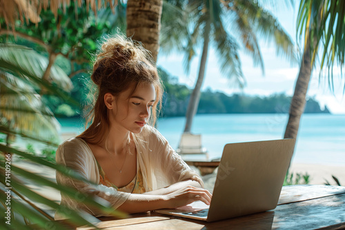 Young Woman Using Laptop at Tropical Beachfront