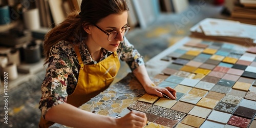 Female architectural designer chooses epoxy grout for ceramic tiles by comparing finishing samples in a top-down view, for a renovation project, using a spectrum of swatches. photo