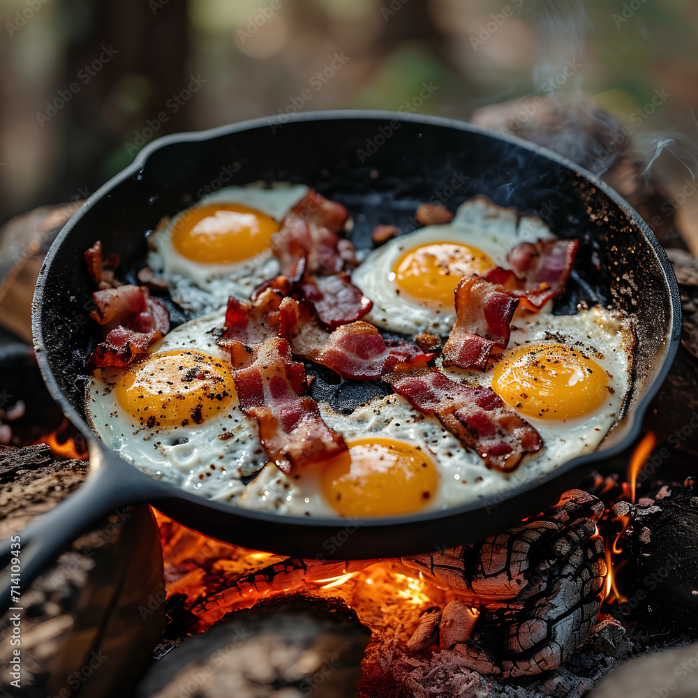 camping breakfast with bacon and eggs in a cast iron skillet camping breakfast with bacon and eggs in a cast iron skillet