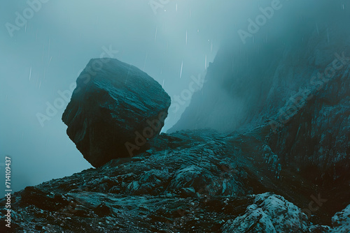 Capture a cinematic 35mm film scene: a boulder rolling down a mountain, heavy rain, dark clouds, and dramatic lighting. The concept of strength, fury, resilience and indomitability photo