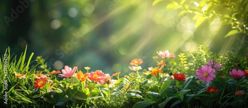 The flowers are blooming beautifully, surrounded by green nature and a shining sun.