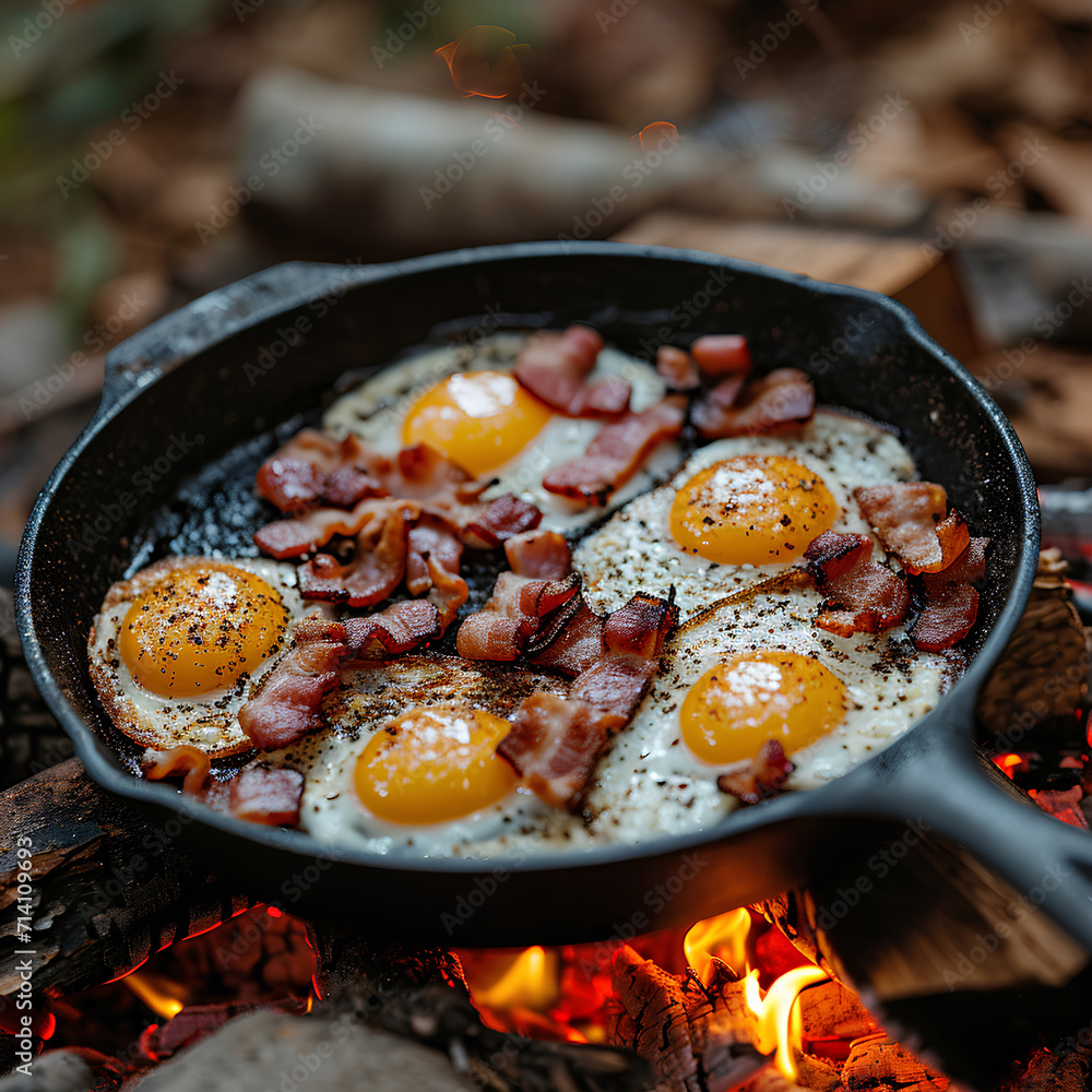 camping breakfast with bacon and eggs in a cast iron skillet camping breakfast with bacon and eggs in a cast iron skillet