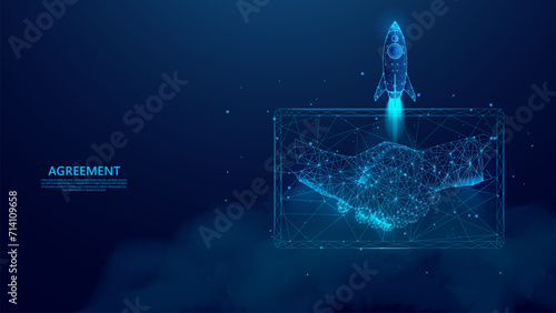 startup business deal concept. illustration of rocket launch and digital handshake, online deal. blue low poly style futuristic background.