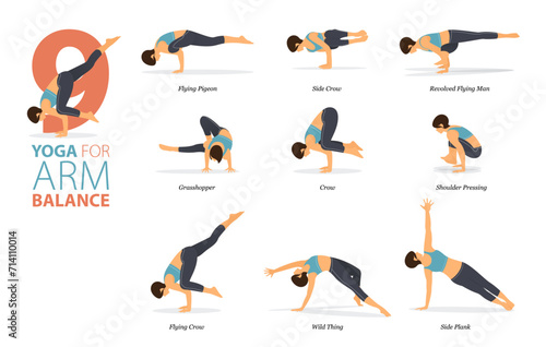 9 Yoga poses or asana posture for workout in Arm Balance concept. Women exercising for body stretching. Fitness infographic. Flat cartoon vector.