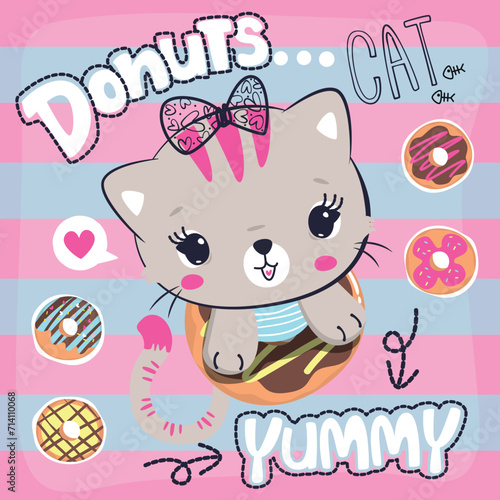 Cute baby cat girl cartoon inside a donut on striped background illustration vector, T-shirt design for kids.