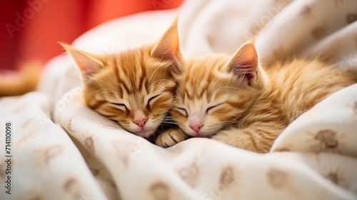 Cute little red kittens sleeps on fur white blanket