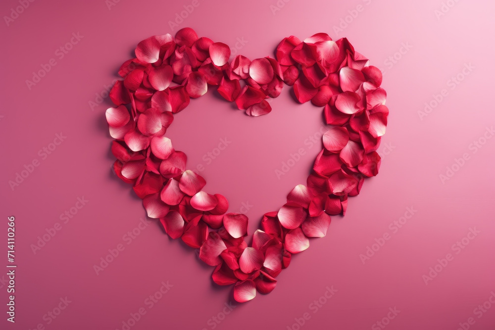 Heart-Shaped Red Rose Petals on Pink Background, Generative AI