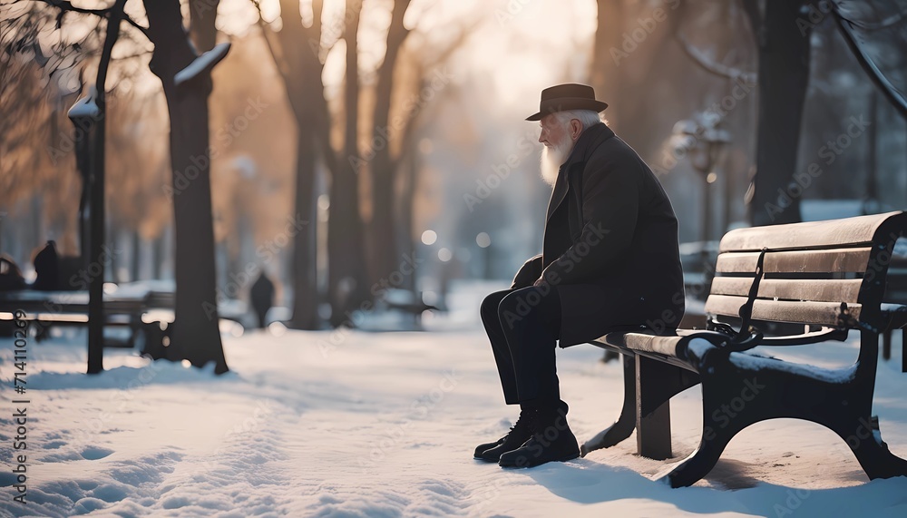 onely old man and old woman on a bench in the city winter park - obrazy, fototapety, plakaty 