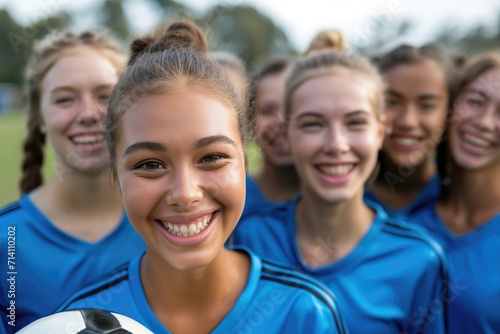 A portrait of a confident, smiling young female football player in blue jersey, with her teammates in the background, showing unity and positive team dynamics